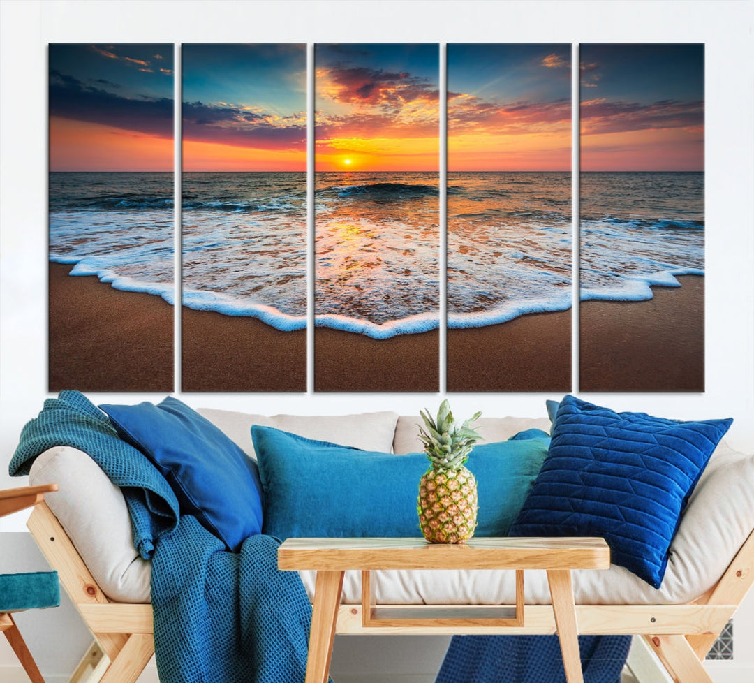 Sunset with Calm Waves on the Beach Wall Art Canvas Print