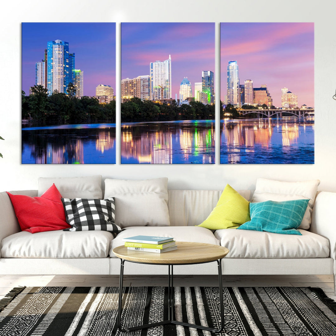 Austin City Lights Sunset Purple Skyline View Wall Art Canvas Print