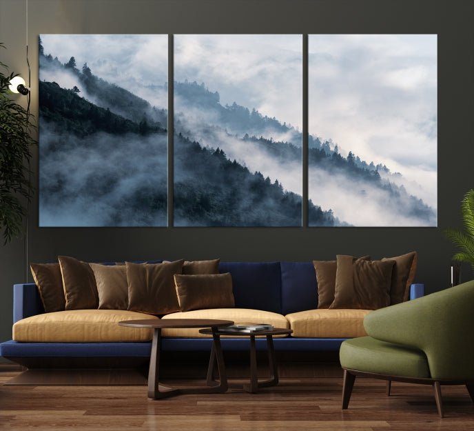 Impression sur toile d’art mural de forêt brumeuse, impression sur toile d’art mural de montagne brumeuse