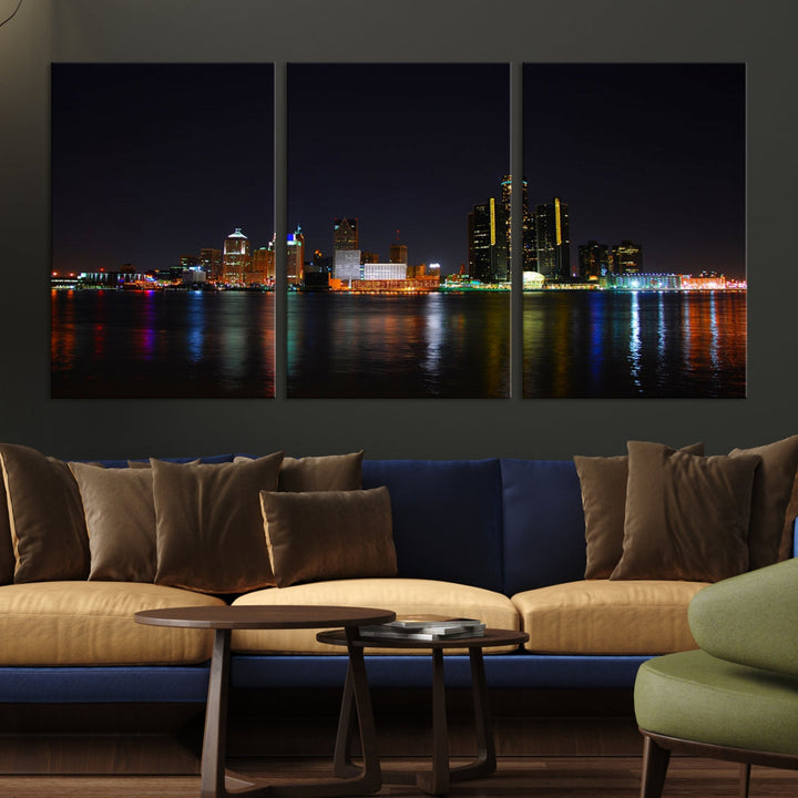 Detroit City Lights Night Skyline Cityscape View Wall Art Impression sur toile