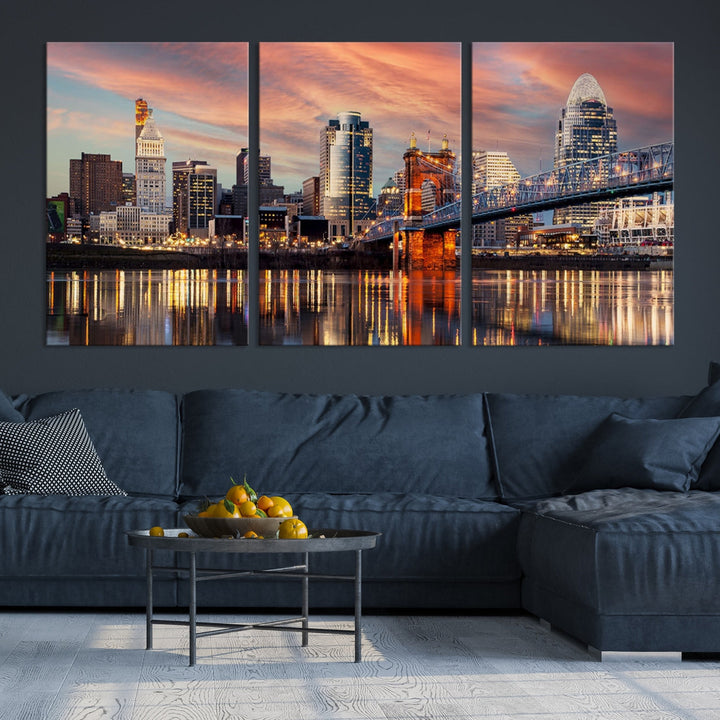 Cincinnati City Lights Sunset Colorful Cloudy Skyline Cityscape View Wall Art Canvas Print