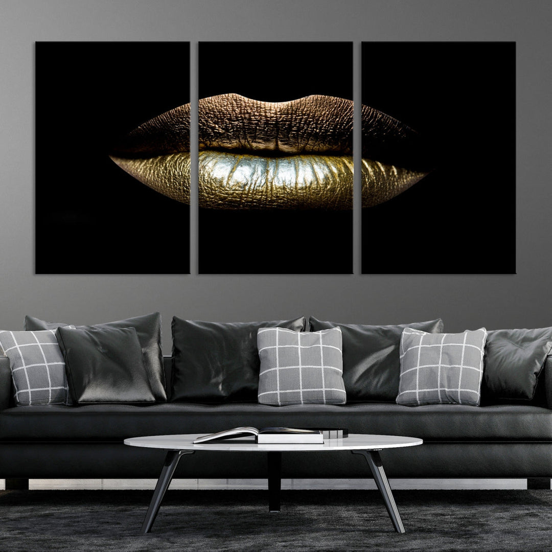 Toile de maquillage avec lèvres dorées, Art mural, mode beauté, impression sur toile