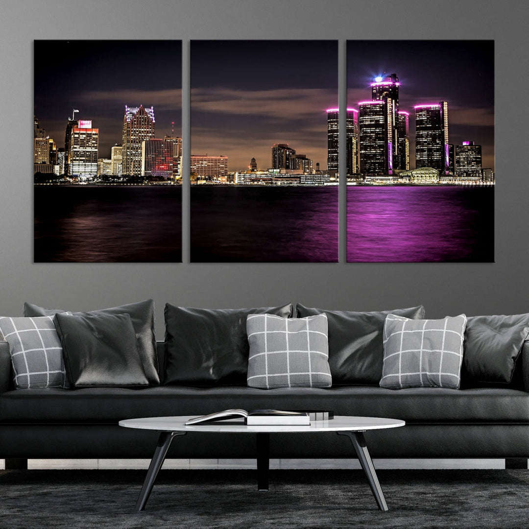 Impresión en lienzo de arte de pared grande con vista del paisaje urbano del horizonte nocturno de luces moradas de la ciudad de Detroit