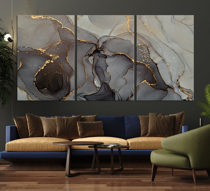 Impresión de arte de pared grande con efecto fluido de mármol gris, lienzo abstracto moderno