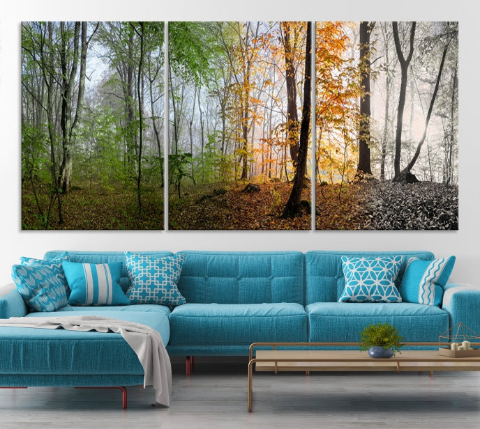 Impresión en lienzo de arte de pared grande de bosque de cuatro estaciones para el hogar, oficina, sala de estar, comedor, decoración, pintura artística