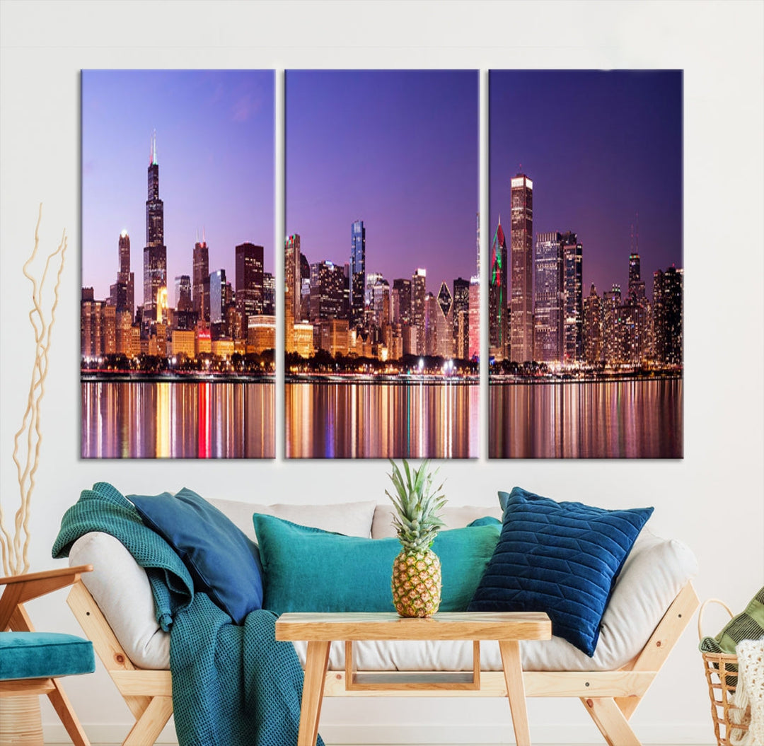 Luces de la ciudad de Chicago Noche Vista del paisaje urbano del horizonte púrpura Arte de pared grande Lienzo