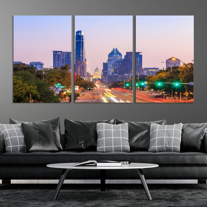 Austin City Lights Sunset Purple Skyline Cityscape View Wall Art Canvas Print