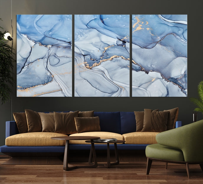 Arte de pared grande con efecto fluido de mármol azul hielo, lienzo abstracto moderno, impresión artística de pared