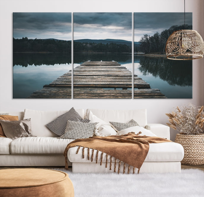 Puente de madera cerca del lago, arte de pared grande, impresión en lienzo