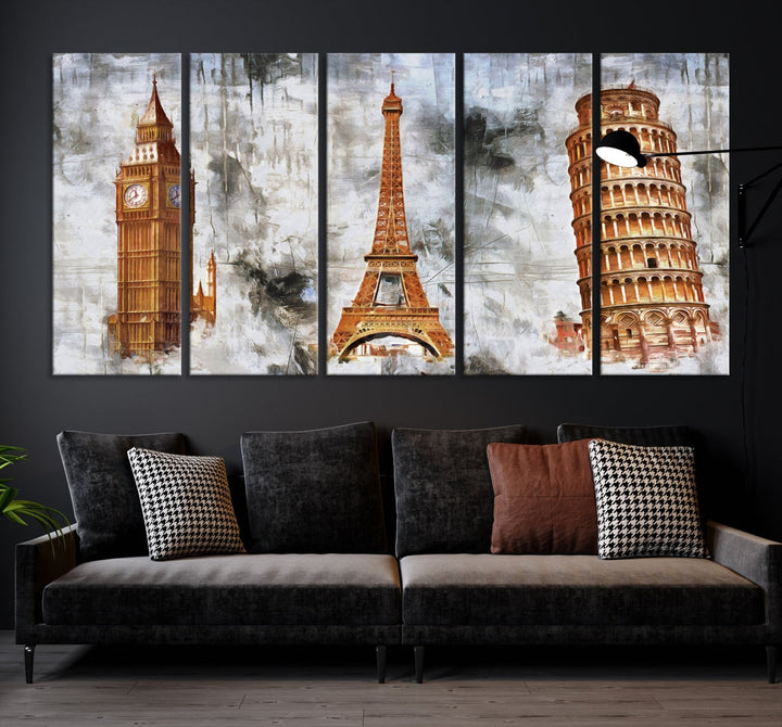 Juego de Big Ben Torre Eiffel y Torre de Pisa Arte de pared Impresión en lienzo extra grande enmarcado listo para colgar Multi Panel Decoración de pared Regalo de cumpleaños Arte imprimible Sala de estar Dormitorio Cocina Decoración del hogar