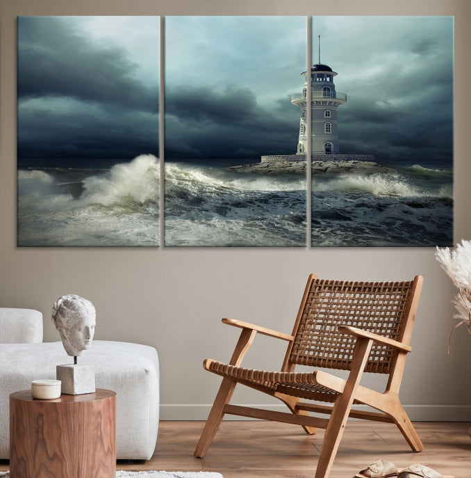 Impression sur toile d’art mural de tempête et de phare