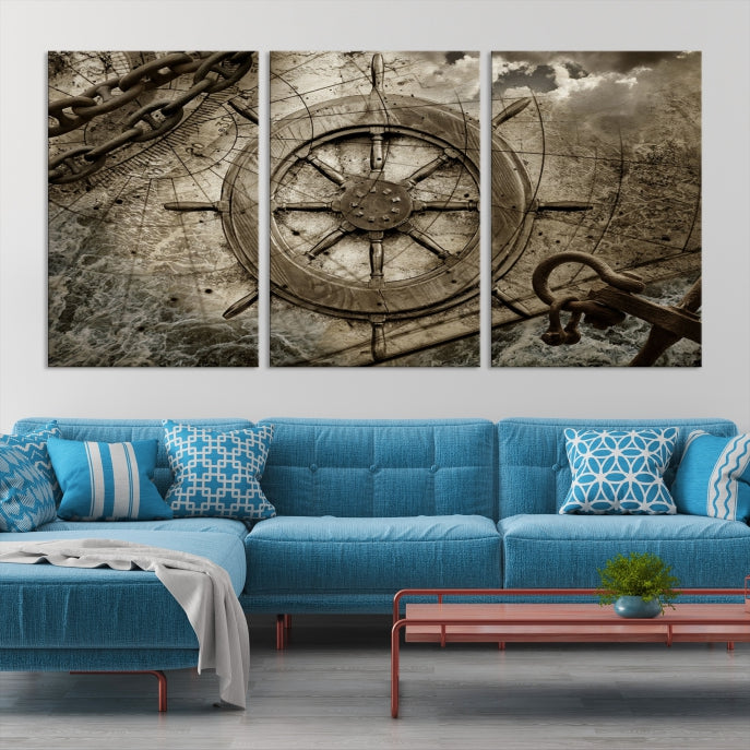 Impresión artística de pared de lona grande con varios paneles de rueda de barco de madera
