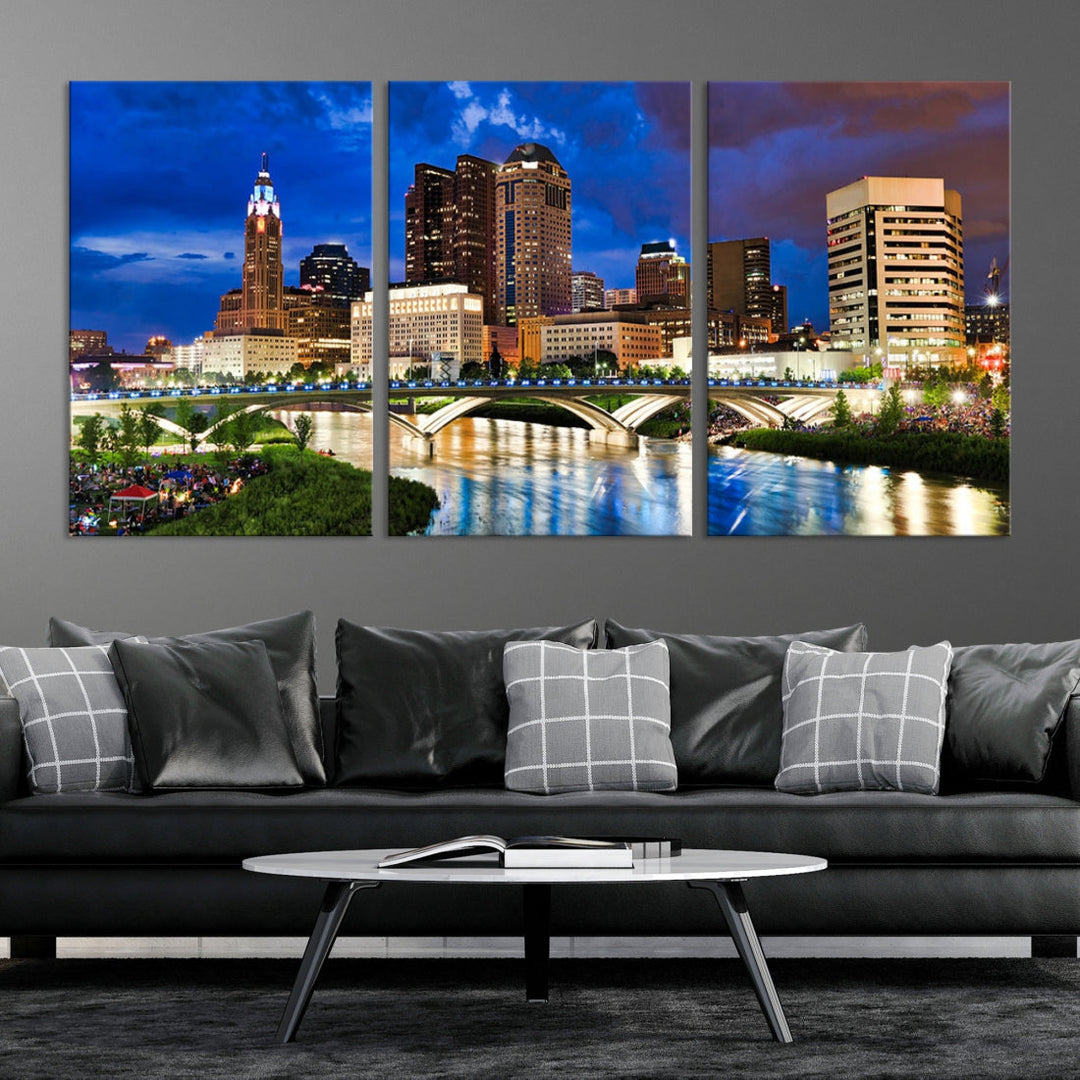 Columbus City Lights Night Bright Blue Cloudy Skyline Cityscape View Wall Art Canvas Print