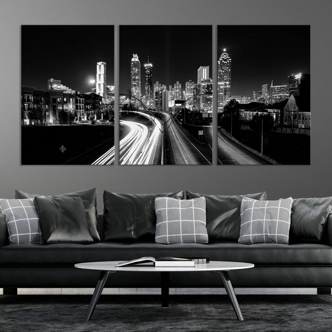 Atlanta City Lights Skyline Art mural noir et blanc Paysage urbain Impression sur toile