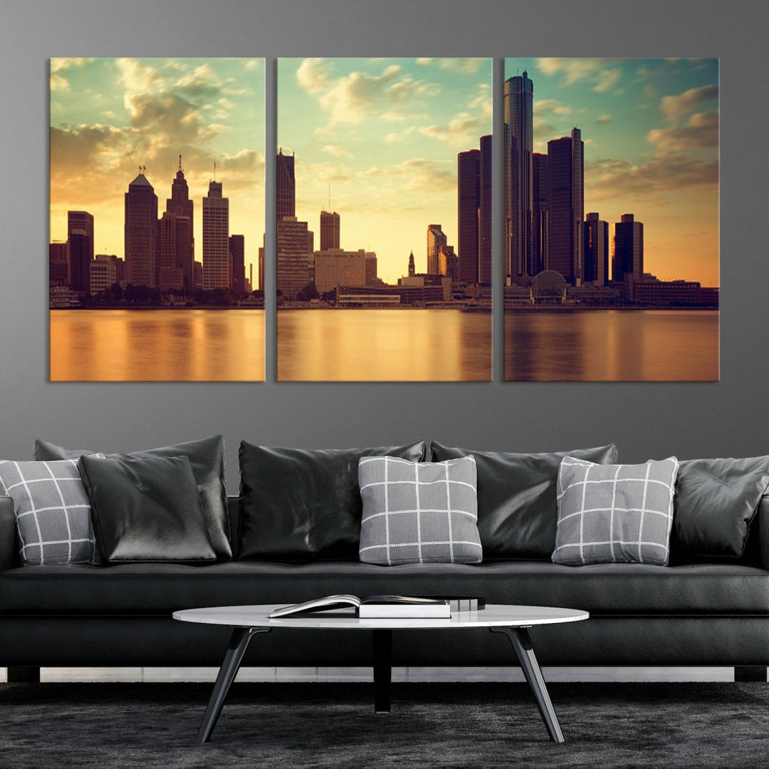 Detroit City Sunset Cloudy Skyline Cityscape View Wall Art Canvas Print