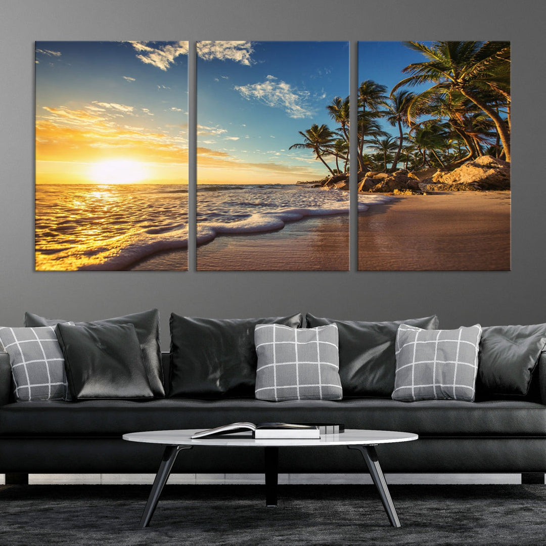63049 - Obra de arte moderna con impresión en lienzo de playa con vista al mar y puesta de sol grande, impresión de arte de pared de isla tropical