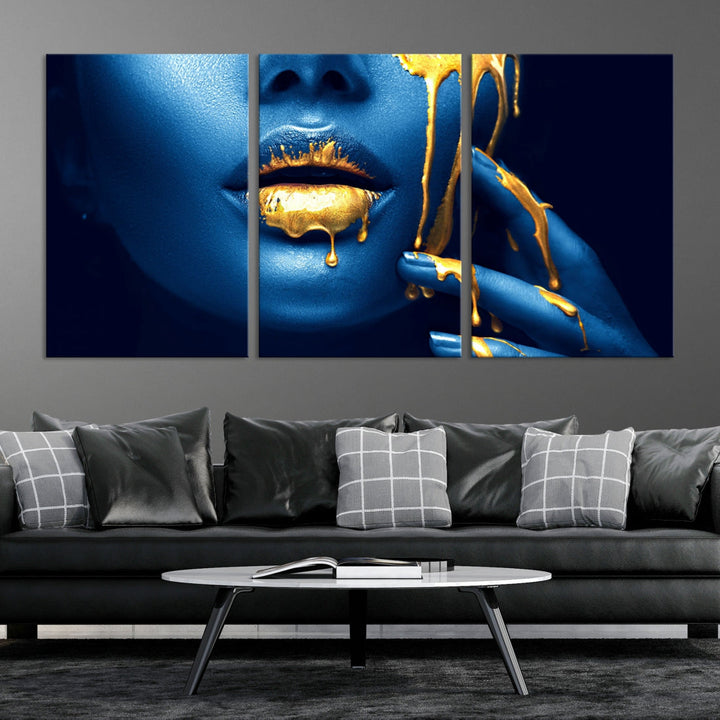 Neón Azul Oro Labios Sensual Fotografía Lienzo Pared Arte Impresión Moda Arte Belleza