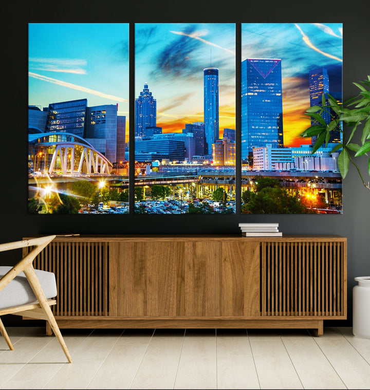 Atlanta City Lights Coucher de soleil Bleu et Orange Skyline Cityscape View Wall Art Impression sur toile