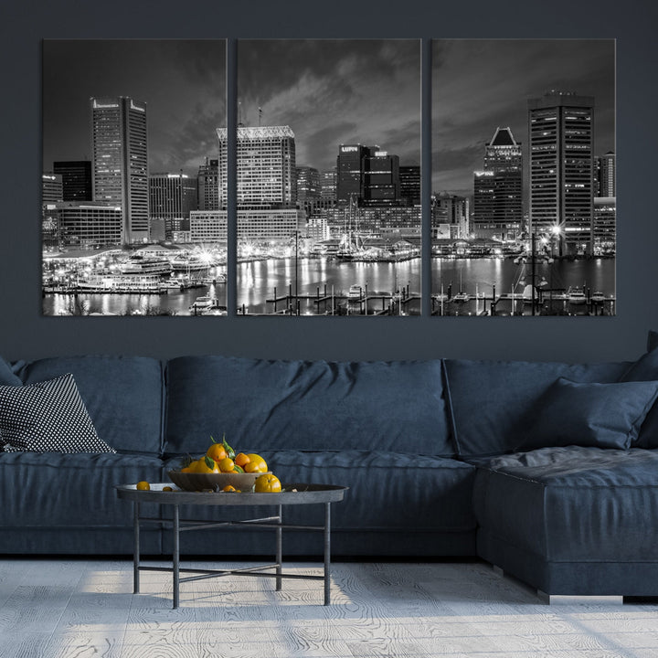 Luces de la ciudad de Baltimore Horizonte nublado Arte de pared en blanco y negro Paisaje urbano Lienzo