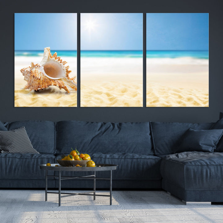 Lienzo decorativo para pared con concha de mar en la playa, sol y arena