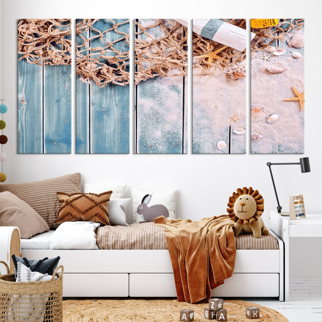 Red de pesca en viejos bosques oxidados lienzo arte de pared lienzo náutico arte arte para sala de estar, dormitorio, cocina, arte enmarcado, arte colorido, decoración del hogar, impresión grande, lienzo dividido