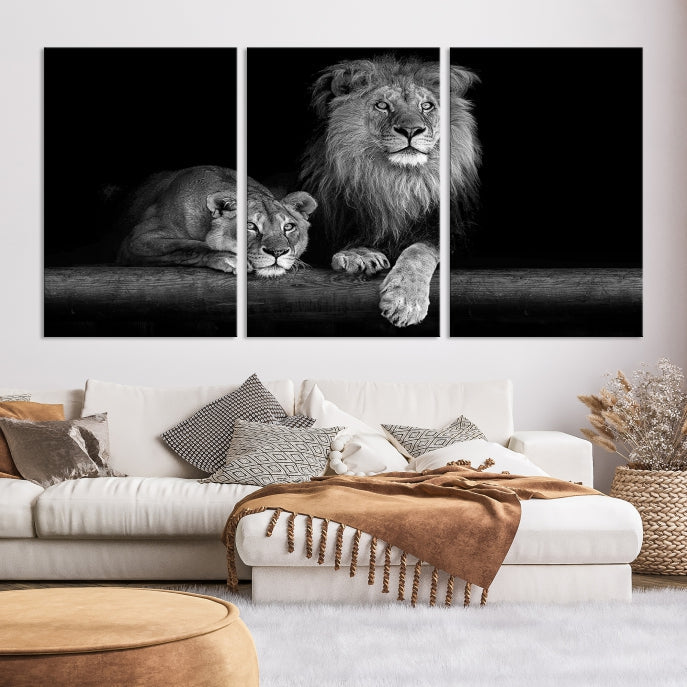 Black and White Lion Couple Wall Art Canvas Print