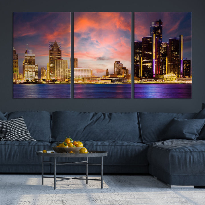 Detroit City Lights Sunset Red Cloudy Skyline Cityscape View Wall Art Canvas Print