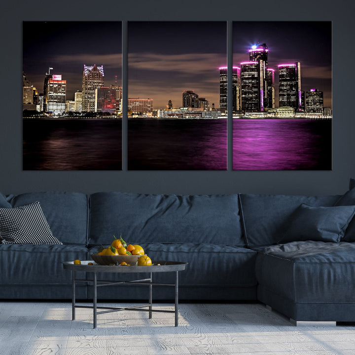Detroit City Purple Lights Night Skyline Cityscape View Wall Art Canvas Print