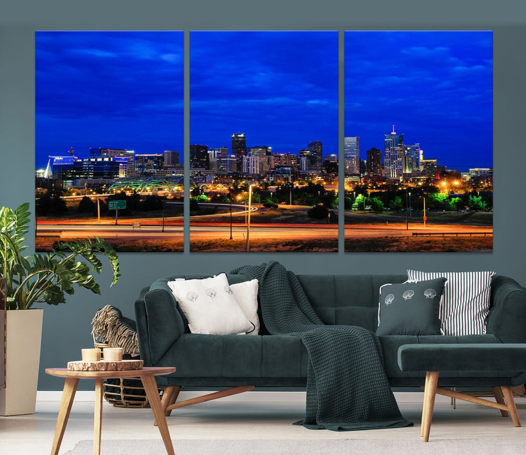 Dallas City Lights Night Bright Blue Skyline Cityscape View Wall Art Impression sur toile