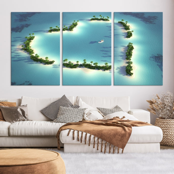 Lovers' Heart-Shaped Island Ocean Beach Wall Art Canvas Print
