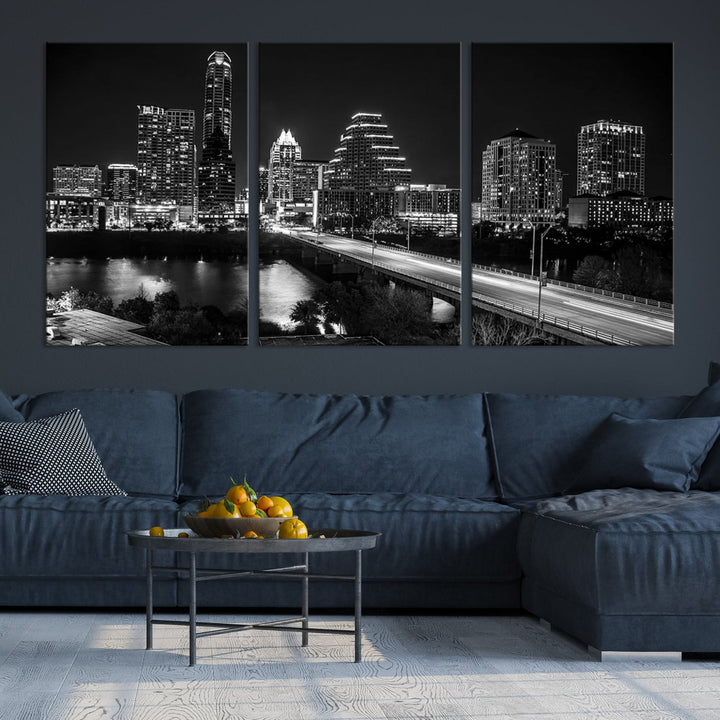 Austin City Lights Skyline Art mural noir et blanc Paysage urbain Impression sur toile
