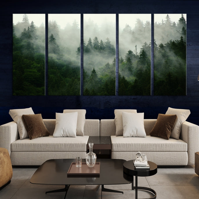 Impresionante lienzo de arte de pared grande con paisaje de bosque brumoso