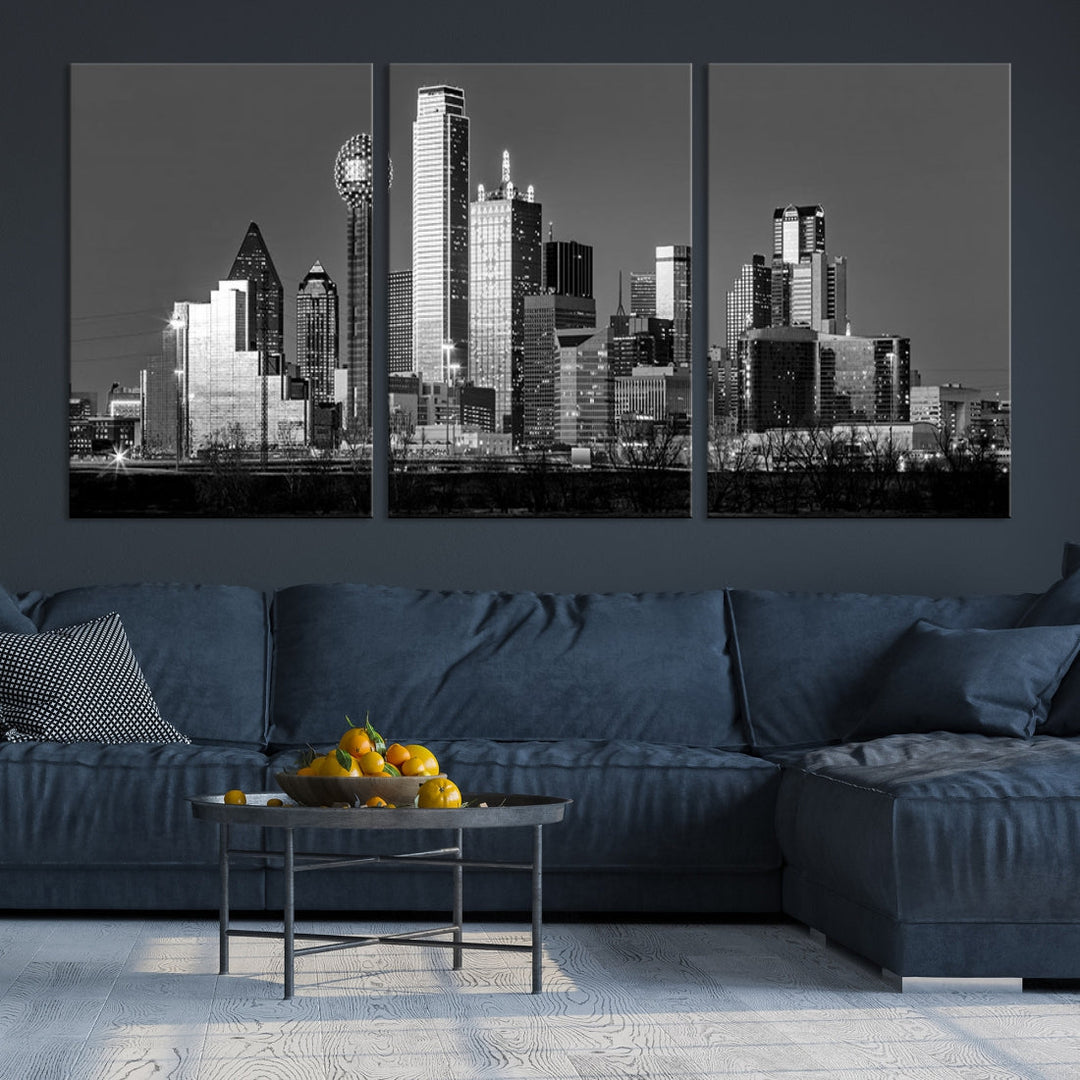 Dallas City Skyline Art mural noir et blanc Paysage urbain Impression sur toile