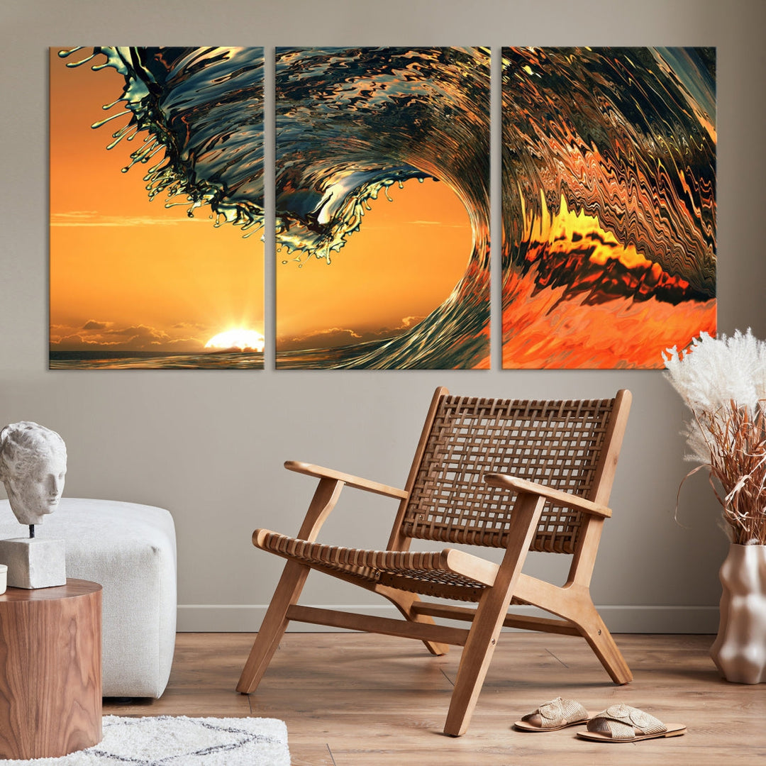 Vague d'océan avec coucher de soleil parfait, impression d'art mural, Art nautique, vagues de mer d'océan