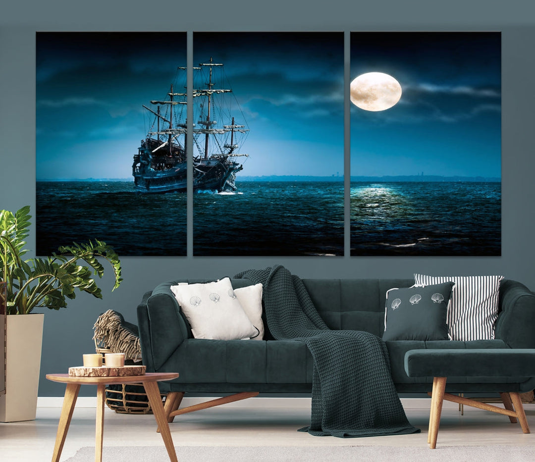 Moon and Ship in Ocean at Night Wall Art Canvas Print