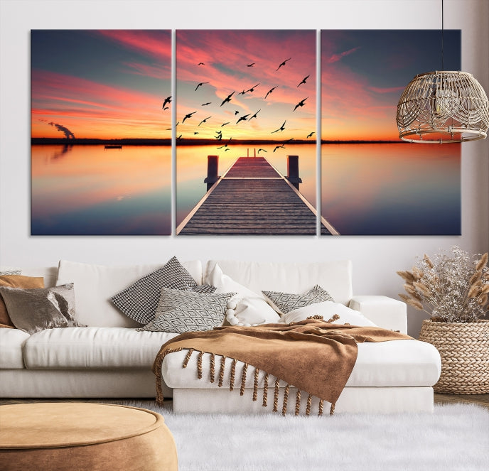Pont de bois et art mural au coucher du soleil Impression sur toile