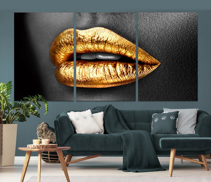 Lèvres dorées sur toile - Impression d'art mural - Maquillage - Art mural - Mode beauté - Impression sur toile