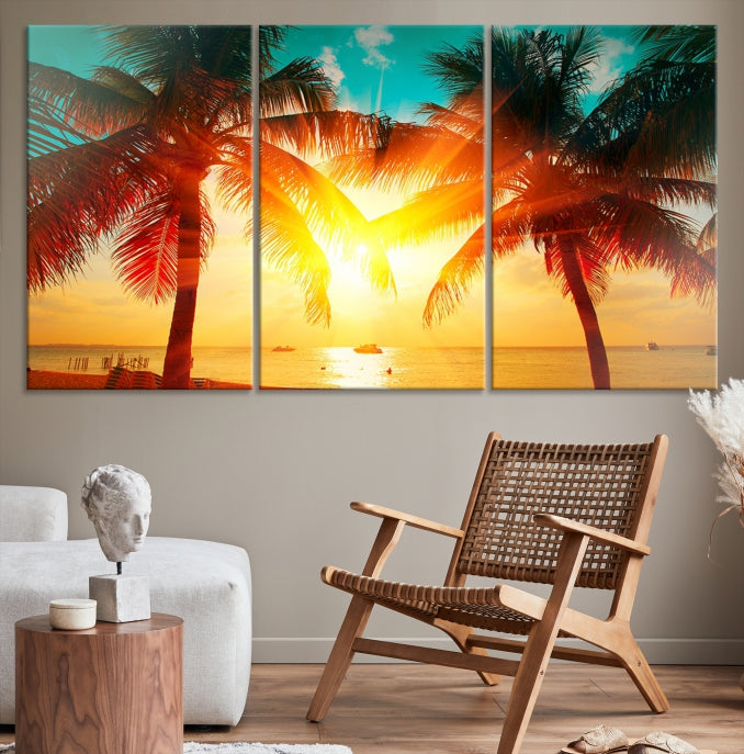 Palm and Sunset Beach Wall Art Canvas Print