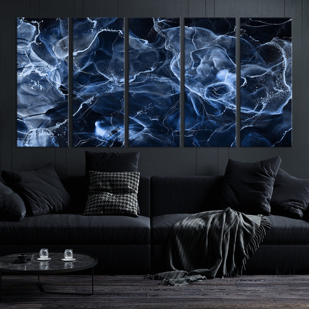 Arte de pared grande con efecto ahumado de mármol azul, lienzo abstracto moderno, impresión artística de pared