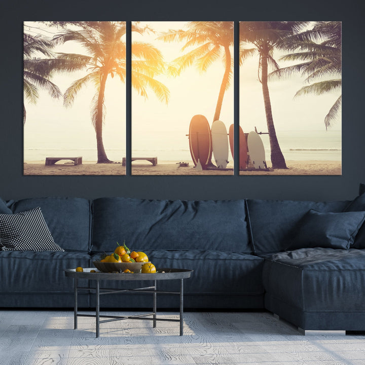 Surfboard and Palm Tree on Beach Double Exposure with Colorful Bokeh Sunset Light Wall Art Canvas