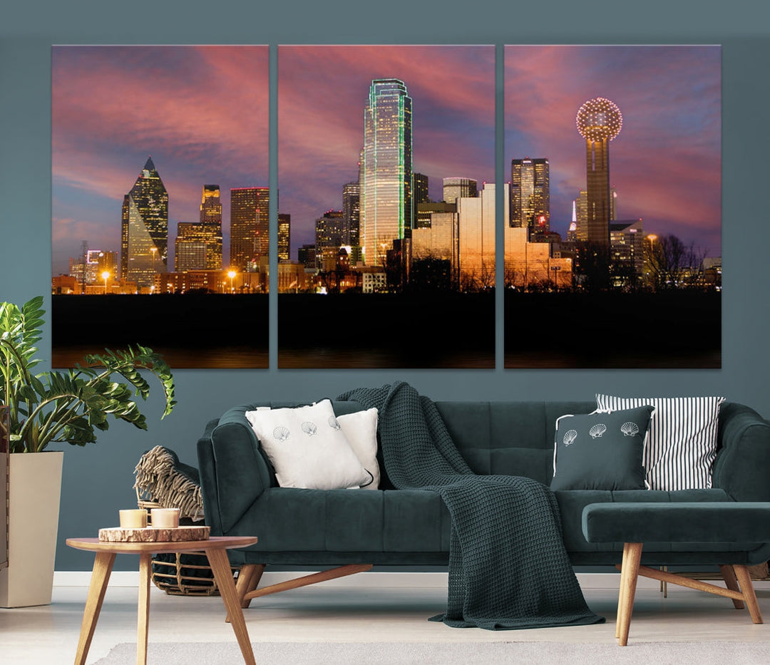Dallas City Lights Coucher de soleil coloré nuageux Skyline Paysage urbain Vue murale Art Impression sur toile