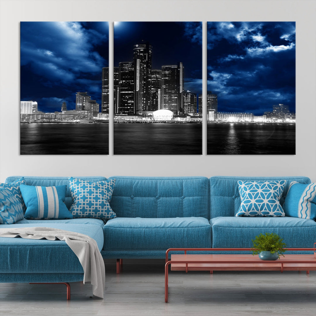 Detroit City Lights Stormy Night Blue Cloudy Skyline Cityscape View Wall Art Impression sur toile