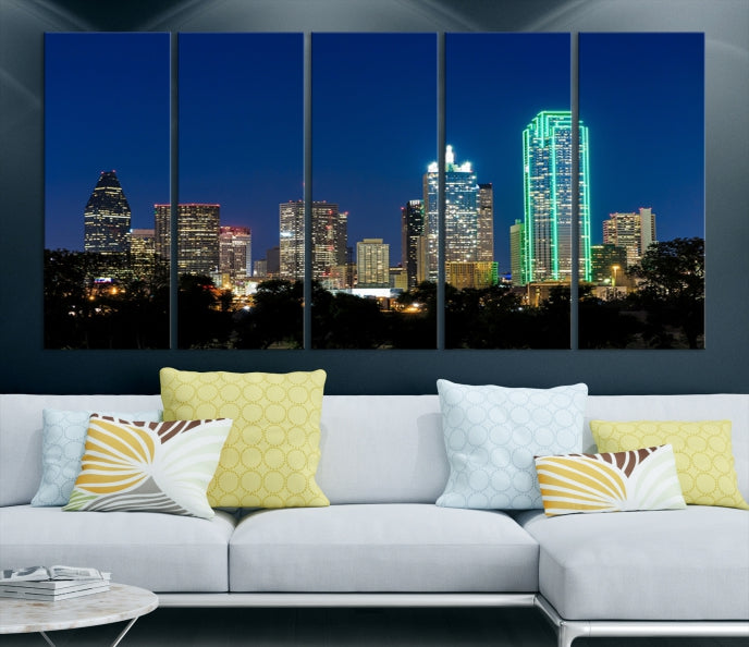 Dallas City Lights Night Blue Skyline Cityscape View Wall Art Impression sur toile