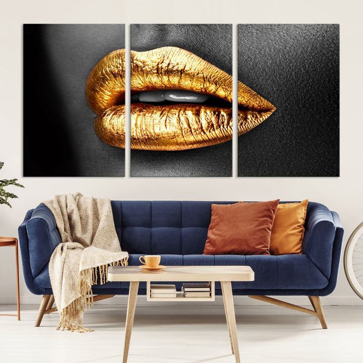 Labios dorados lienzo pared arte impresión maquillaje pared arte moda belleza arte elegante decoración del hogar labios lienzo impresión enmarcado listo para