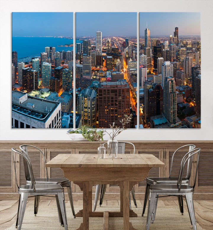 87313 - Lienzo decorativo con diseño de horizonte nocturno de Chicago, paisaje urbano, enmarcado, listo para colgar