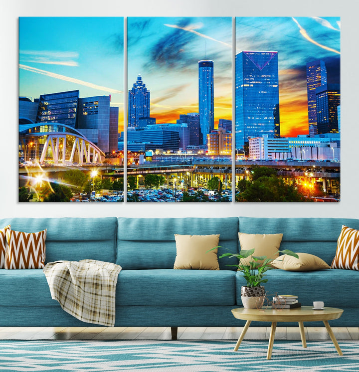 Atlanta City Lights Sunset Blue and Orange Skyline Cityscape View Wall Art Canvas Print