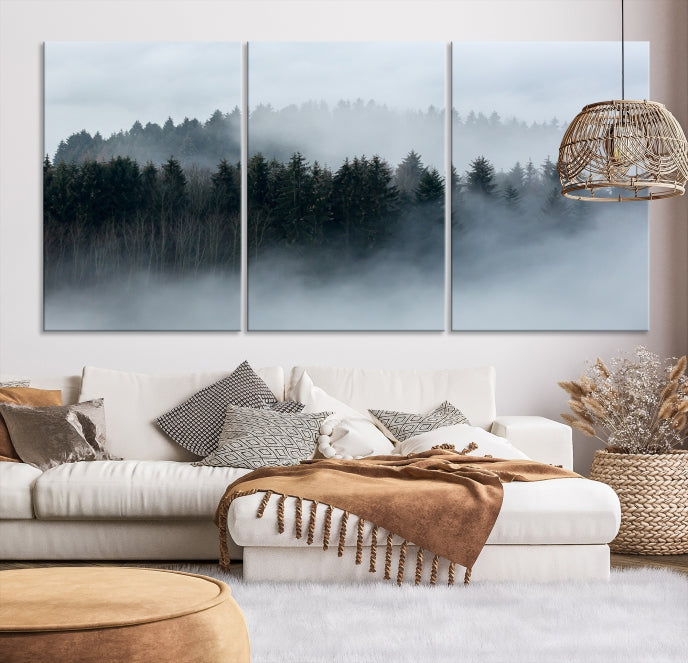 Autumn and Misty Trees in the Forest Wall Art Canvas Print, Foggy Forest Mountain Wall Art Canvas Print