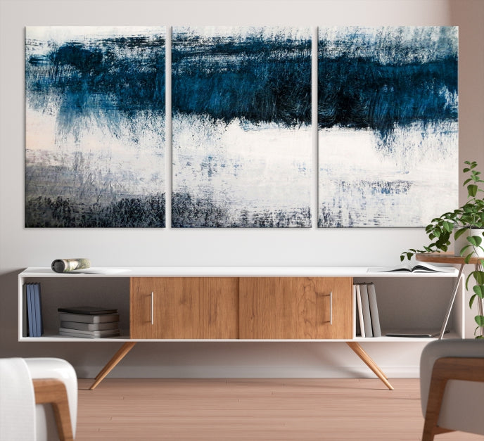 Arte de pared grande azul marino y blanco, lienzo abstracto moderno, impresión artística de pared