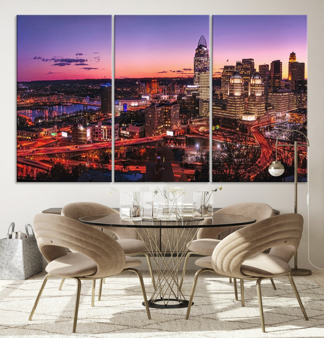 Cincinnati City Sunset Purple Skyline Cityscape View Wall Art Impression sur toile