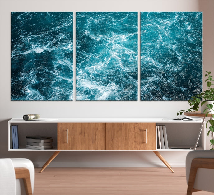Lienzo decorativo para pared grande con olas del océano verde